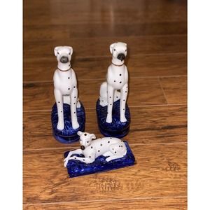 Vintage Fitz & Floyd Porcelain Dalmatian Dogs W/ Cobalt Blue Bases Set Of 3!